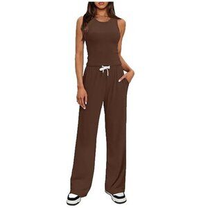 NEW- Darong Brown 2 Piece Lounge Set Tank Tops and Wide Leg Pants- Women's L